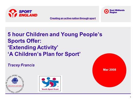 Spotlight text 1 5 hour Children and Young Peoples Sports Offer: Extending Activity A Childrens Plan for Sport Tracey Francis Mar 2008.