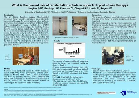 What is the current role of rehabilitation robots in upper limb post stroke therapy? Hughes A-M 1, Burridge JH 1, Freeman C 2, Chappell P 2, Lewin P 2,