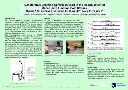 Can Iterative Learning Control be used in the Re-Education of Upper Limb Function Post Stroke? Hughes A-M 1, Burridge JH 1, Freeman C 2, Chappell P 2,