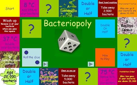 A CD B ABCD Double Or Half How to Play Roll the dice ? Start 8 °C Add 25% to your bacteria ? Good hand washing Take away 2,500 bacteria Improvement Notice.