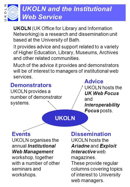 UKOLN and the Institutional Web Service UKOLN (UK Office for Library and Information Networking) is a research and dissemination unit based at the University.