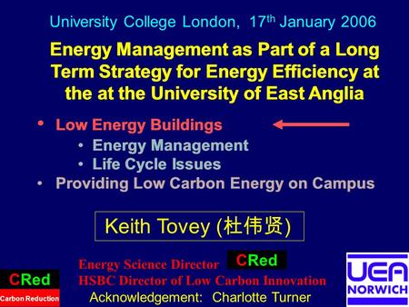 1 Energy Management as Part of a Long Term Strategy for Energy Efficiency at the at the University of East Anglia Low Energy Buildings Energy Management.