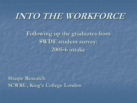 INTO THE WORKFORCE Following up the graduates from SWDE student survey: 2005-6 intake Sharpe Research SCWRU, Kings College London.