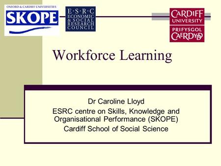 Workforce Learning Dr Caroline Lloyd ESRC centre on Skills, Knowledge and Organisational Performance (SKOPE) Cardiff School of Social Science.