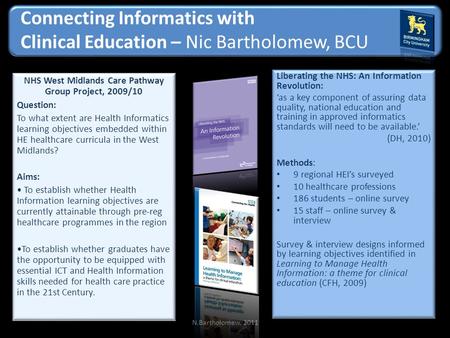 Connecting Informatics with Clinical Education – Nic Bartholomew, BCU Liberating the NHS: An Information Revolution: as a key component of assuring data.