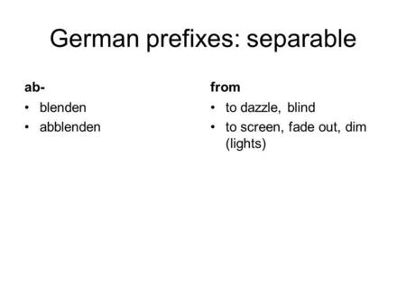 German prefixes: separable ab- blenden abblenden from to dazzle, blind to screen, fade out, dim (lights)