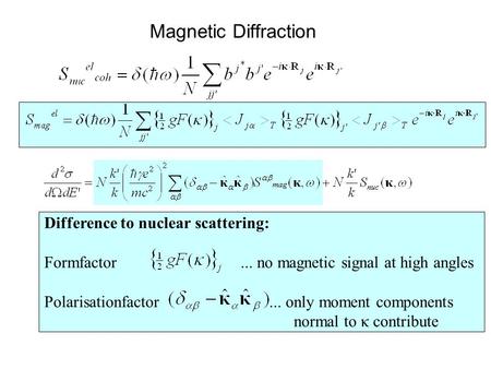 Magnetic Diffraction Difference to nuclear scattering: Formfactor... no magnetic signal at high angles Polarisationfactor... only moment components normal.