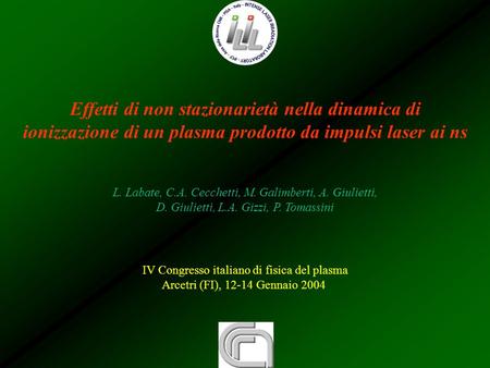 Effetti di non stazionarietà nella dinamica di ionizzazione di un plasma prodotto da impulsi laser ai ns L. Labate, C.A. Cecchetti, M. Galimberti, A. Giulietti,