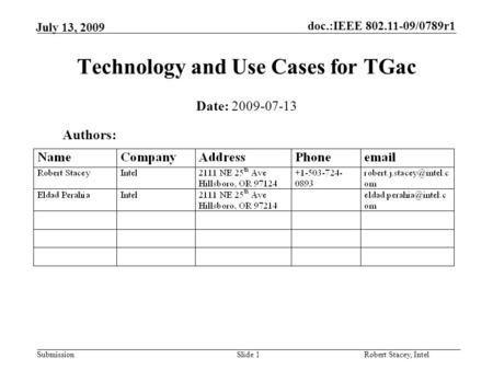 Doc.:IEEE 802.11-09/0789r1 Submission Robert Stacey, Intel July 13, 2009 Slide 1 Technology and Use Cases for TGac Authors: Date: 2009-07-13.