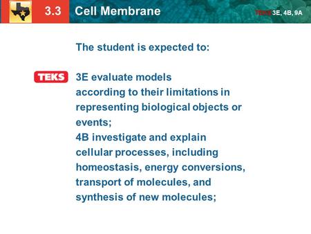 3.3 Cell Membrane TEKS 3E, 4B, 9A The student is expected to: 3E evaluate models according to their limitations in representing biological objects or events;