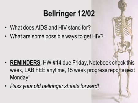 Bellringer 12/02 What does AIDS and HIV stand for? What are some possible ways to get HIV? REMINDERS : HW #14 due Friday, Notebook check this week, LAB.