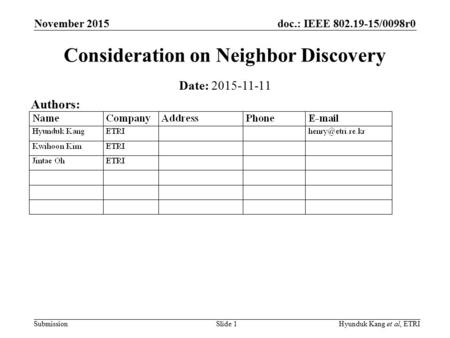 Doc.: IEEE 802.19-15/0098r0 Submission November 2015 Hyunduk Kang et al, ETRISlide 1 Consideration on Neighbor Discovery Date: 2015-11-11 Authors: