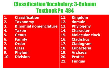 Classification Vocabulary: 3-Column Textbook Pg 484 1.Classification 2.Taxonomy 3.Binomial nomenclature 4.Taxon 5.Genus 6.Family 7.Order 8.Class 9.Phylum.
