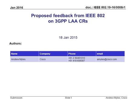 Doc.: IEEE 802.19-16/0008r1 Submission Jan 2016 Andrew Myles, CiscoSlide 1 Proposed feedback from IEEE 802 on 3GPP LAA CRs 18 Jan 2015 Authors: NameCompanyPhoneemail.