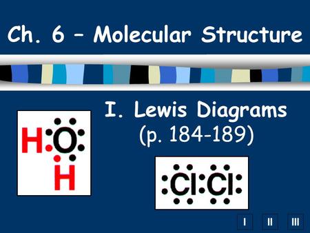 IIIIII I. Lewis Diagrams (p. 184-189) Ch. 6 – Molecular Structure.