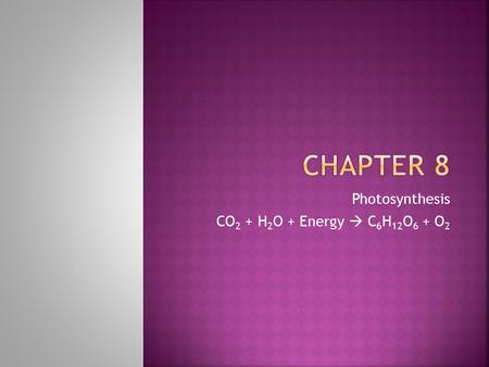 Photosynthesis CO 2 + H 2 O + Energy  C 6 H 12 O 6 + O 2.