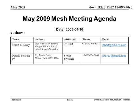 Doc.: IEEE P802.11-09/470r0 Submission May 2009 Donald Eastlake 3rd, Sterllar SwitchesSlide 1 May 2009 Mesh Meeting Agenda Date: 2009-04-16 Authors: NameAddressAffiliationPhoneEmail.