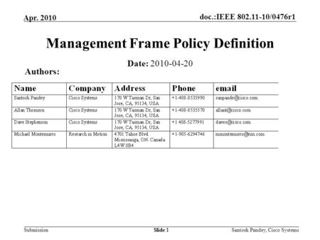 Doc.:IEEE 802.11-10/0476r1 Submission Apr. 2010 Santosh Pandey, Cisco SystemsSlide 1 Management Frame Policy Definition Authors: Date: 2010-04-20.