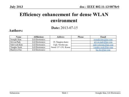 Doc.: IEEE 802.11-13/0878r0 Submission July 2013 Jeongki Kim, LG ElectronicsSlide 1 Efficiency enhancement for dense WLAN environment Date: 2013-07-15.