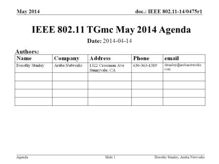 Doc.: IEEE 802.11-14/0475r1 Agenda May 2014 Dorothy Stanley, Aruba NetworksSlide 1 IEEE 802.11 TGmc May 2014 Agenda Date: 2014-04-14 Authors: