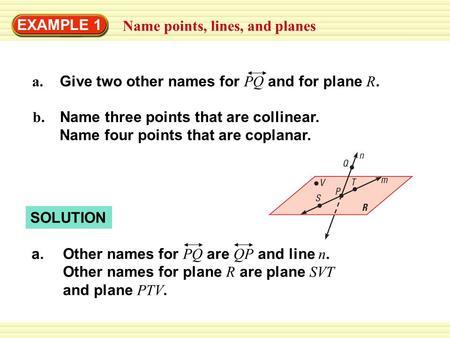 SOLUTION EXAMPLE 1 Name points, lines, and planes b. Name three points that are collinear. Name four points that are coplanar. a.Other names for PQ are.