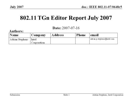 Doc.: IEEE 802.11-07/0648r5 Submission July 2007 Adrian Stephens, Intel CorporationSlide 1 802.11 TGn Editor Report July 2007 Date: 2007-07-16 Authors: