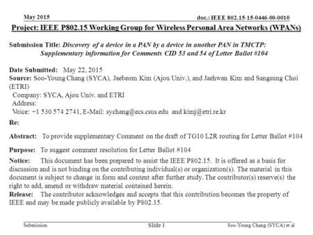 Doc.: IEEE 802.15-15-0446-00-0010 Submission May 2015 Project: IEEE P802.15 Working Group for Wireless Personal Area Networks (WPANs) Submission Title: