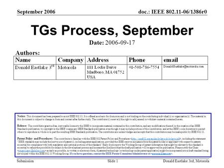 Doc.: IEEE 802.11-06/1386r0 Submission September 2006 Donald Eastlake 3rd, MotorolaSlide 1 TGs Process, September Notice: This document has been prepared.