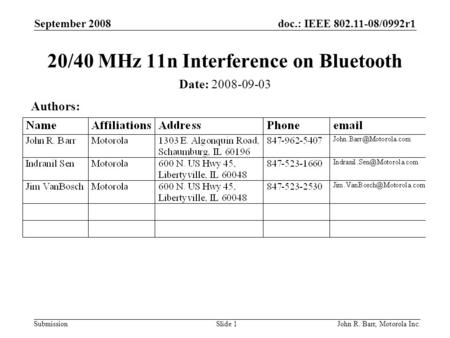 Doc.: IEEE 802.11-08/0992r1 Submission September 2008 John R. Barr, Motorola Inc.Slide 1 20/40 MHz 11n Interference on Bluetooth Date: 2008-09-03 Authors: