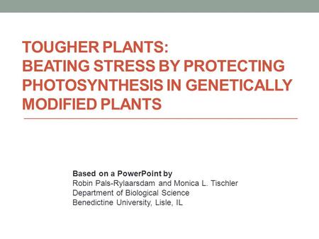 TOUGHER PLANTS: BEATING STRESS BY PROTECTING PHOTOSYNTHESIS IN GENETICALLY MODIFIED PLANTS Based on a PowerPoint by Robin Pals-Rylaarsdam and Monica L.