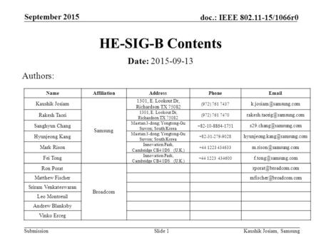 Submission doc.: IEEE 802.11-15/1066r0 September 2015 Kaushik Josiam, SamsungSlide 1 HE-SIG-B Contents Date: 2015-09-13 Authors: NameAffiliationAddressPhoneEmail.