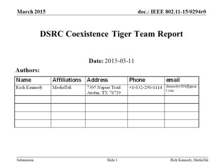Doc.: IEEE 802.11-15/0294r0 Submission March 2015 Rich Kennedy, MediaTekSlide 1 DSRC Coexistence Tiger Team Report Date: 2015-03-11 Authors: