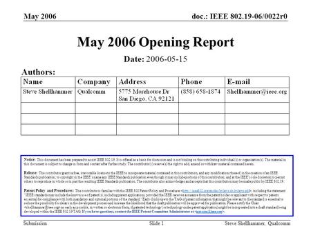 Doc.: IEEE 802.19-06/0022r0 Submission May 2006 Steve Shellhammer, QualcommSlide 1 May 2006 Opening Report Notice: This document has been prepared to assist.