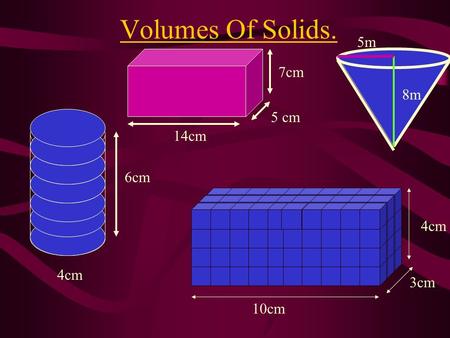 Volumes Of Solids. 8m 5m 7cm 5 cm 14cm 6cm 4cm 4cm 3cm 10cm.