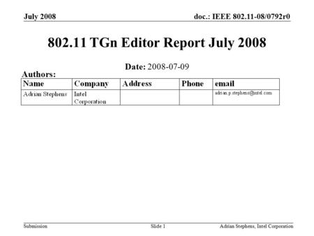 Doc.: IEEE 802.11-08/0792r0 Submission July 2008 Adrian Stephens, Intel CorporationSlide 1 802.11 TGn Editor Report July 2008 Date: 2008-07-09 Authors: