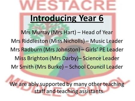 Introducing Year 6 Mrs Murray (Mrs Hart) – Head of Year Mrs Riddleston (Miss Nicholls) – Music Leader Mrs Radburn (Mrs Johnston) – Girls’ PE Leader Miss.