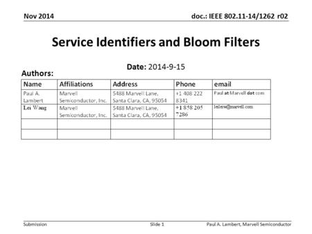 Doc.: IEEE 802.11-14/1262 r02 Submission Paul A. Lambert, Marvell SemiconductorSlide 1 Service Identifiers and Bloom Filters Date: 2014-9-15 Authors: Nov.