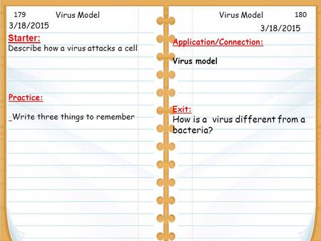 3/18/2015 Starter: Describe how a virus attacks a cell Virus Model 3/18/2015 Virus Model Application/Connection: Virus model Exit: How is a virus different.