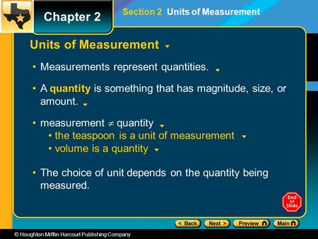 Chapter 2 © Houghton Mifflin Harcourt Publishing Company Units of Measurement Measurements represent quantities. A quantity is something that has magnitude,