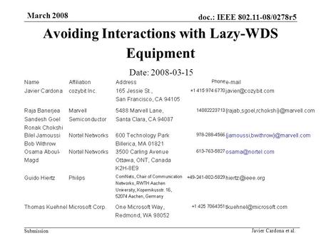 Doc.: IEEE 802.11-08/0278r5 Submission March 2008 Javier Cardona et al. Avoiding Interactions with Lazy-WDS Equipment Date: 2008-03-15.