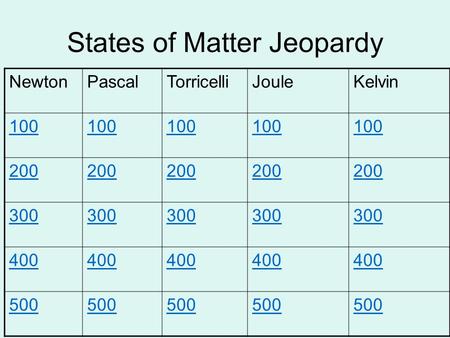 States of Matter Jeopardy NewtonPascalTorricelliJouleKelvin 100 200 300 400 500.