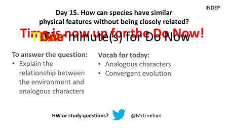 Time is now up for the Do Now! Six minute(s) for Do Now Five Day 15. How can species have similar physical features without being closely related? HW.
