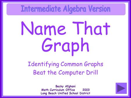 Name That Graph Identifying Common Graphs Beat the Computer Drill Becky Afghani Math Curriculum Office 2003 Long Beach Unified School District.