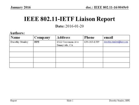 Doc.: IEEE 802.11-16/0049r0 Report January 2016 Dorothy Stanley, HPESlide 1 IEEE 802.11-IETF Liaison Report Date: 2016-01-20 Authors: