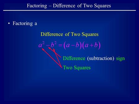 Factoring – Difference of Two Squares Factoring a Difference of Two Squares Difference (subtraction) sign Two Squares.