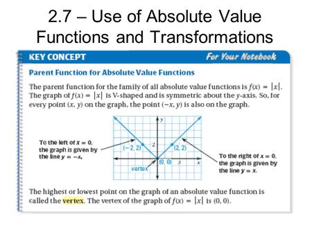 2.7 – Use of Absolute Value Functions and Transformations.