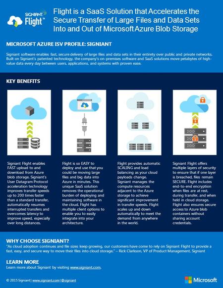 Flight is a SaaS Solution that Accelerates the Secure Transfer of Large Files and Data Sets Into and Out of Microsoft Azure Blob Storage MICROSOFT AZURE.