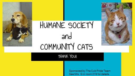 HUMANE SOCIETY and COMMUNITY CATS THANK YOU! Sponsored by The Cub Pride Team See Mrs. G in room 219 for details.