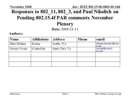 Doc.: IEEE 802.15-08-0803-00-rfid Submission November 2008 Mike McInnis, George CavageSlide 1 Responses to 802_11, 802_3, and Paul Nikolich on Pending.