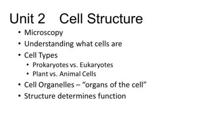 Unit 2Cell Structure Microscopy Understanding what cells are Cell Types Prokaryotes vs. Eukaryotes Plant vs. Animal Cells Cell Organelles – “organs of.
